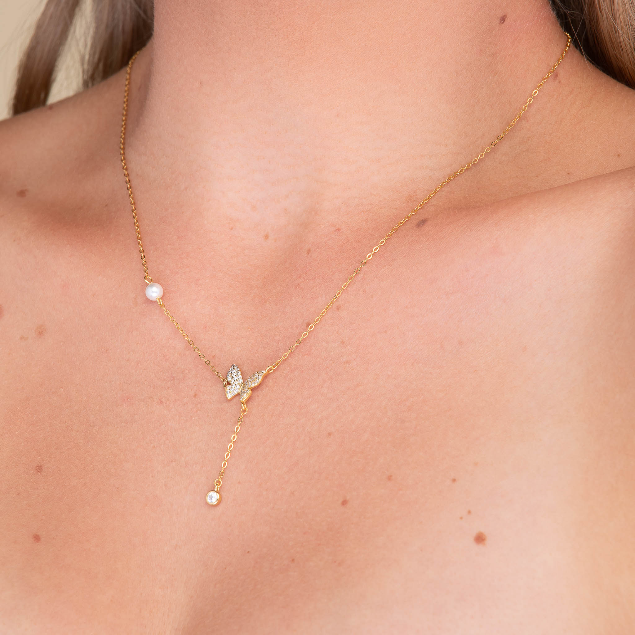 Butterfly Sapphire Y Drop Pearl Necklace - Camile & Stone