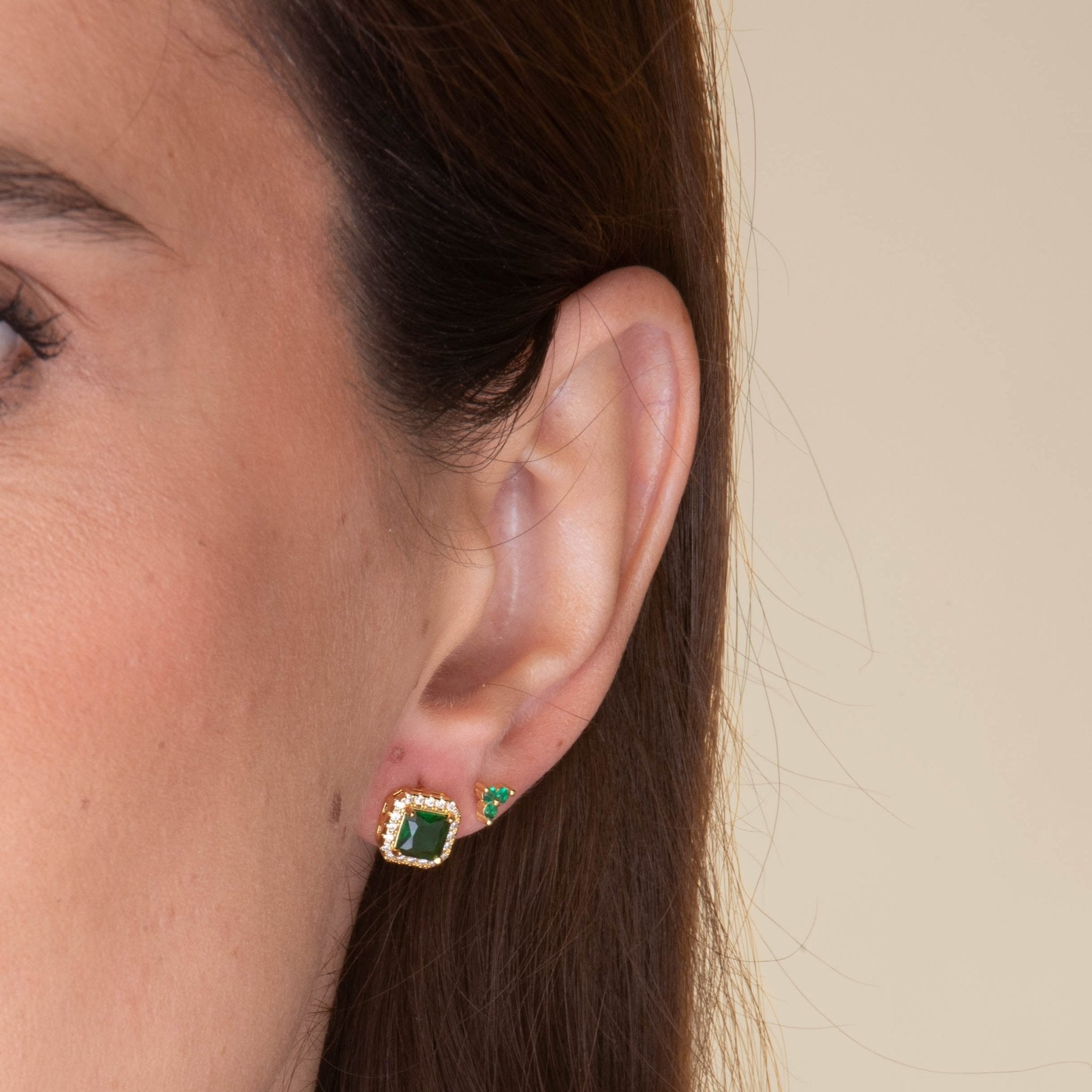 Emerald Square Pave Halo Stud Earrings - Camile & Stone