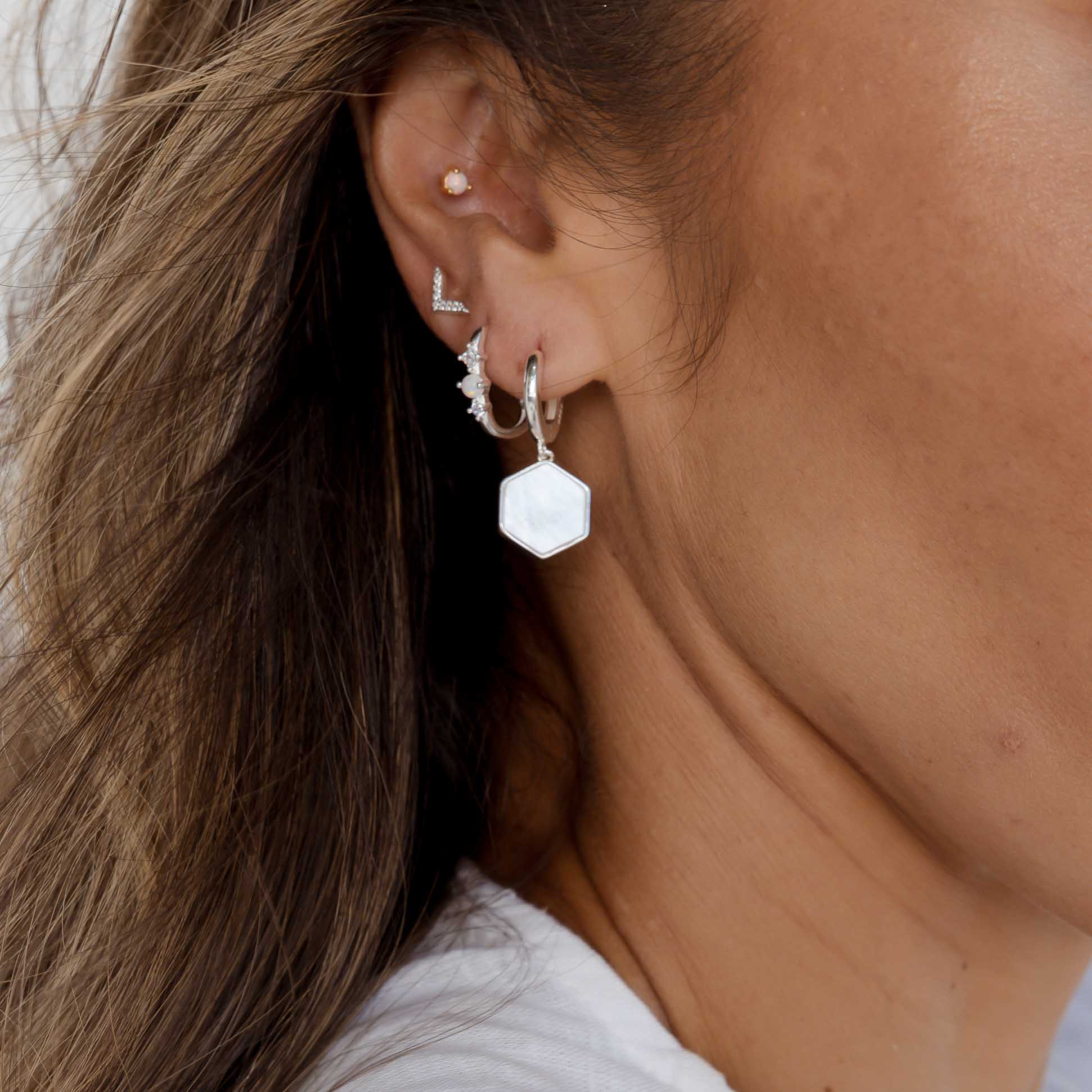 Hexagon Mother Of Pearl Huggie Earrings - Camile & Stone