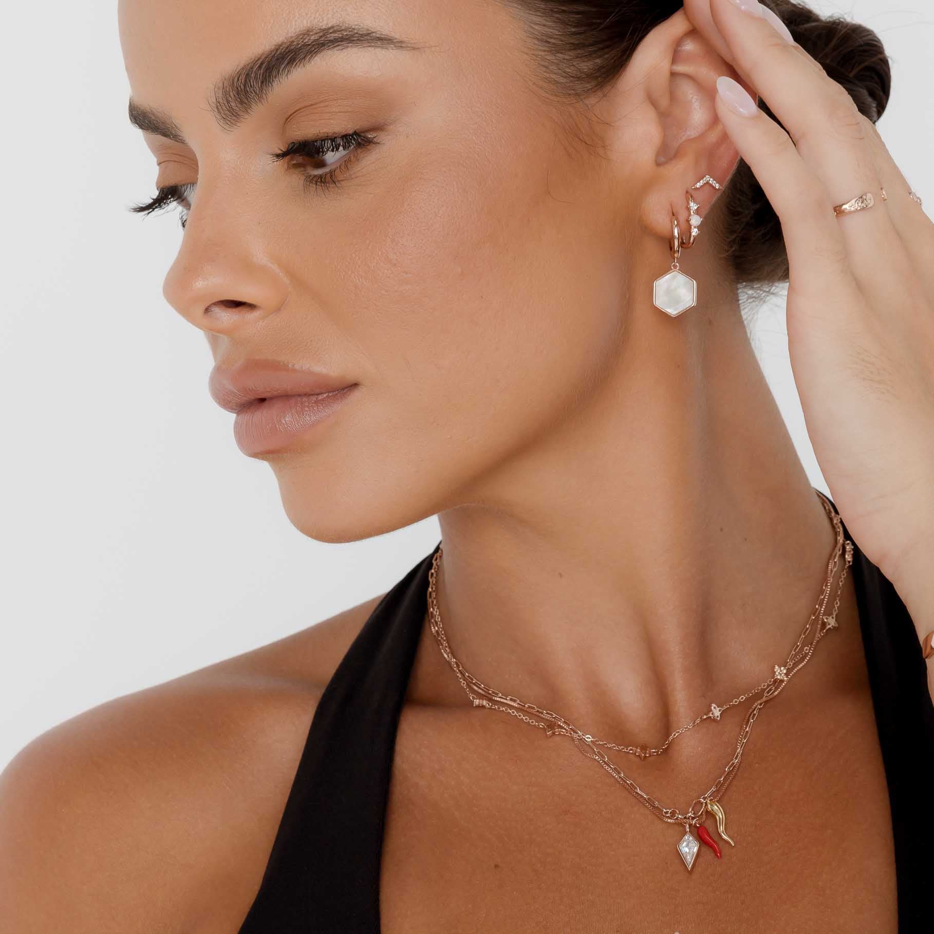 Hexagon Mother Of Pearl Huggie Earrings - Camile & Stone