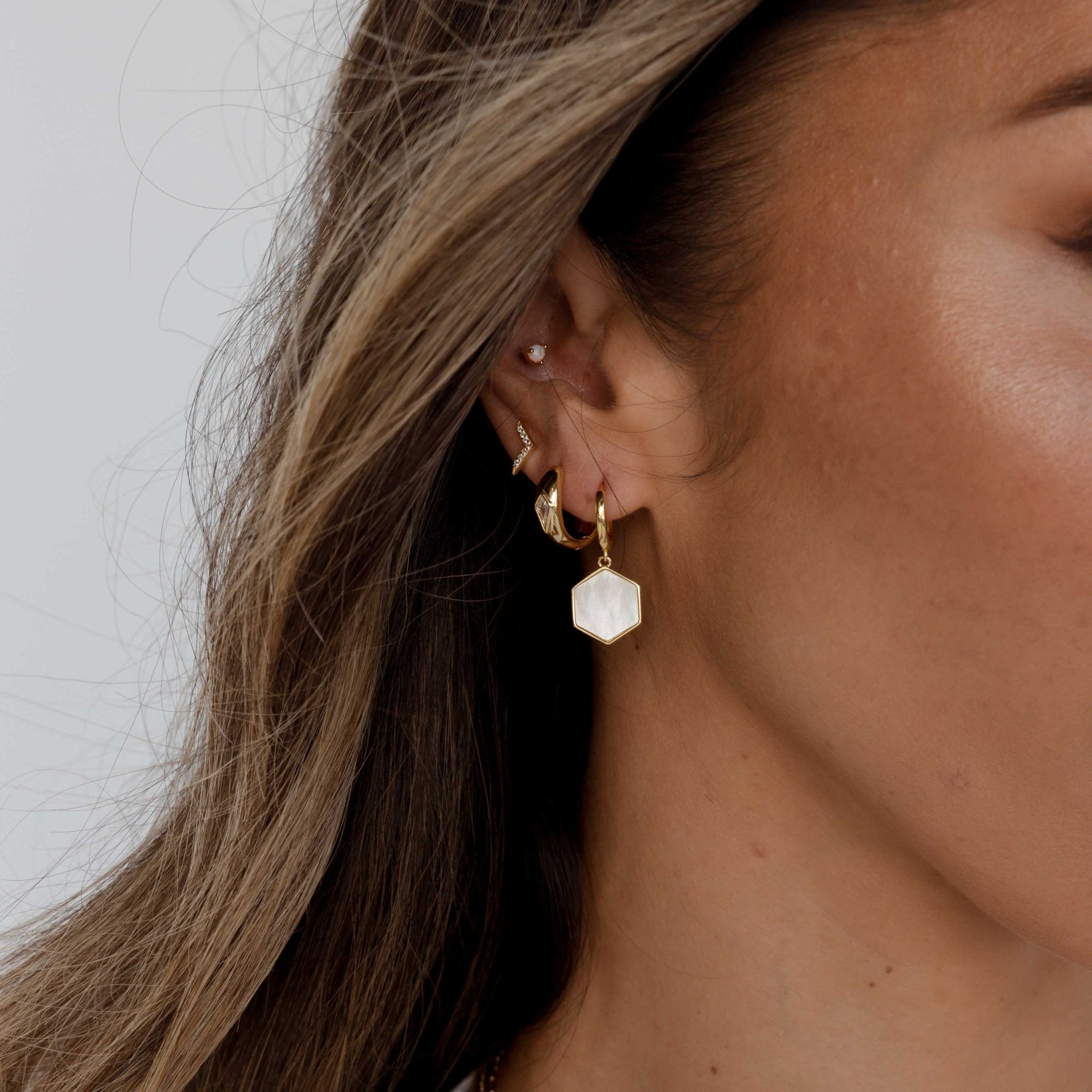 Hexagon Mother Of Pearl Huggie Earrings - Camile & Stone