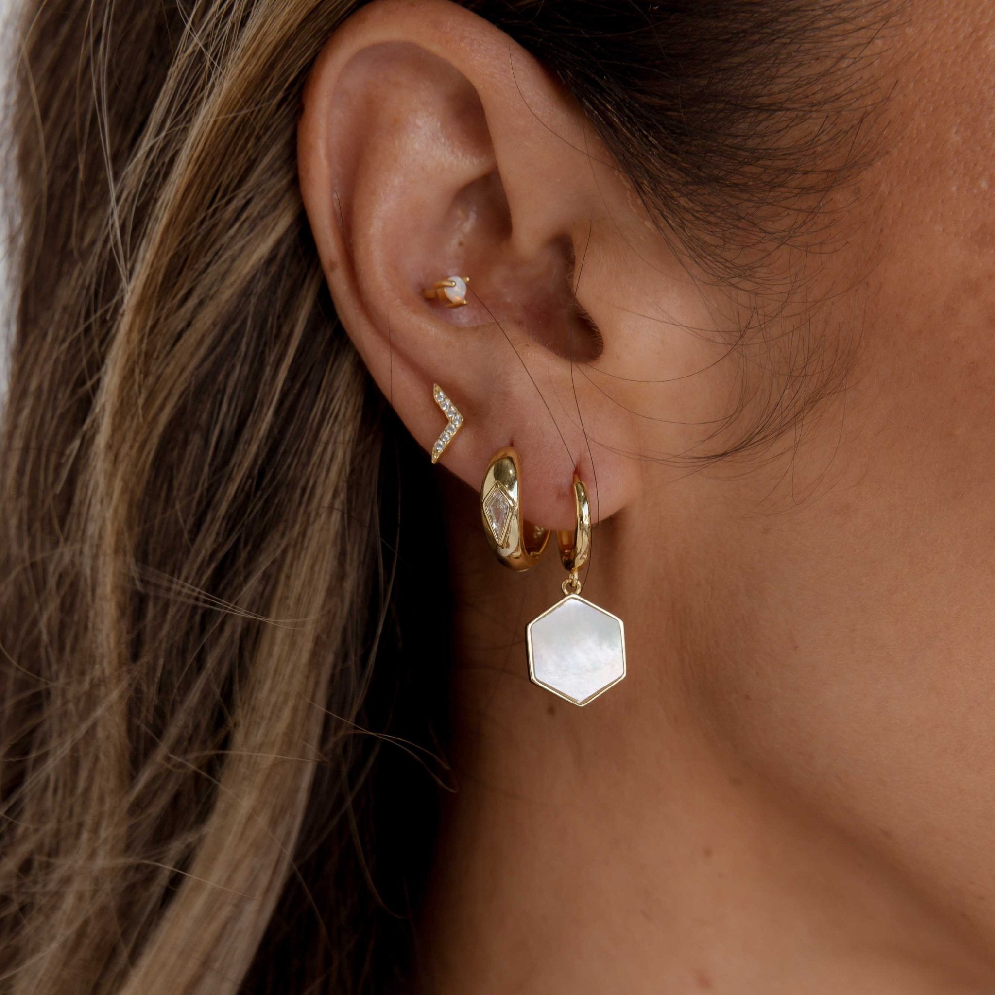 Hexagon Mother Of Pearl Huggie Earrings - Camile & Stone