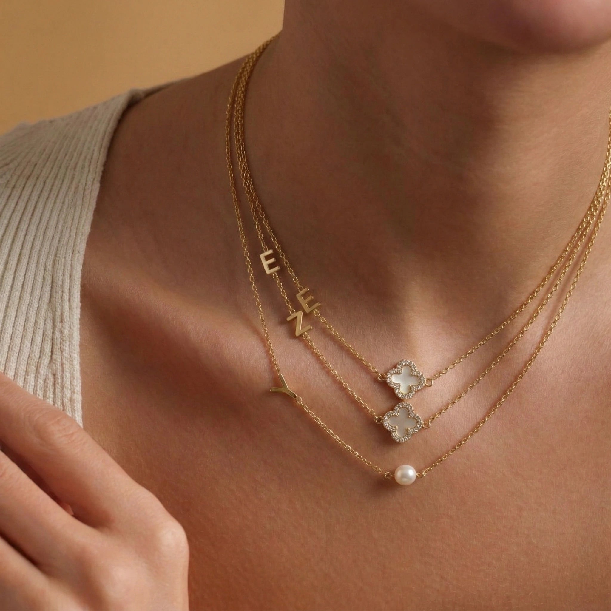 Sideways Single Initial Letter Clover MOP Necklace - Camile & Stone