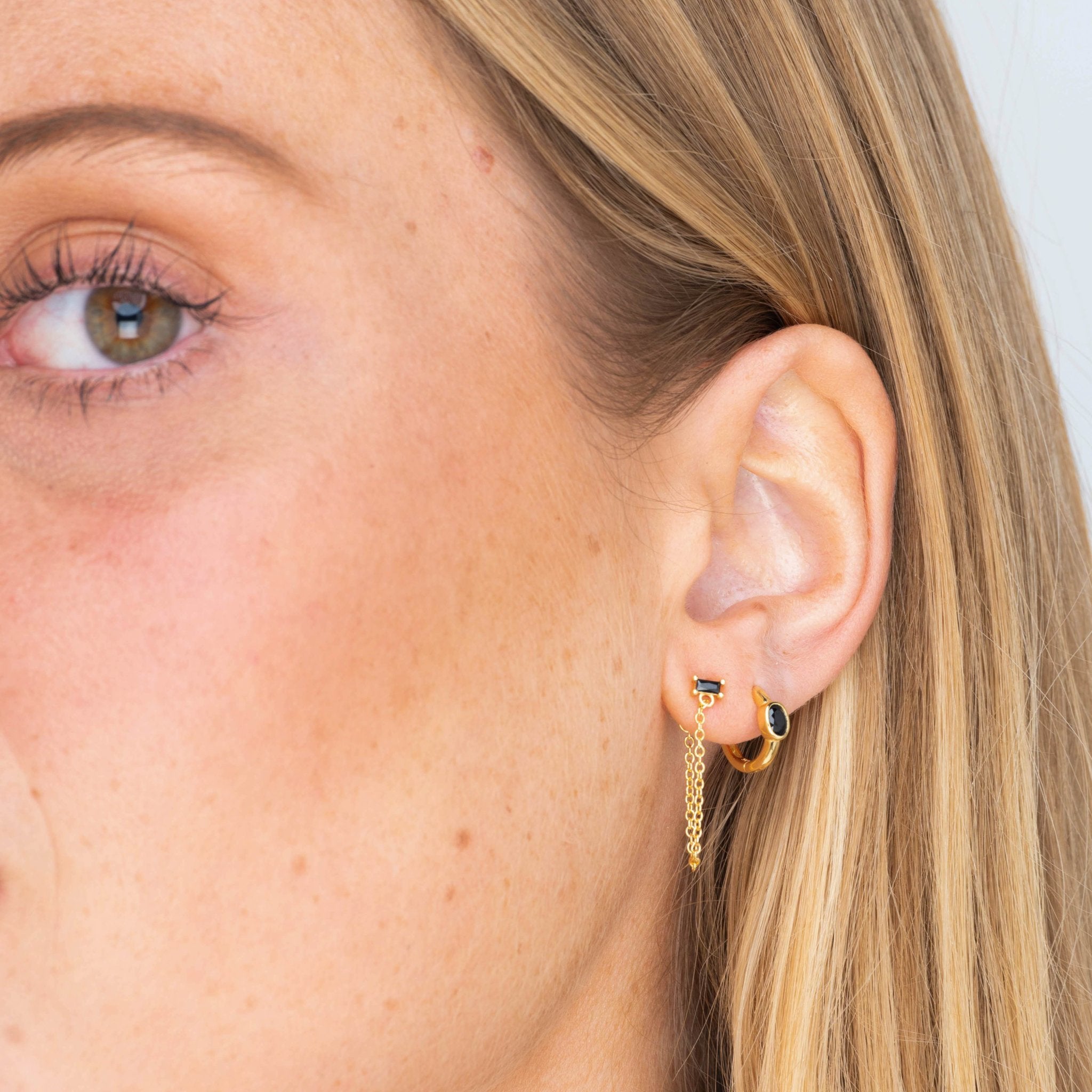 Black Baguette Chain Drop Stud Earrings - Camile & Stone