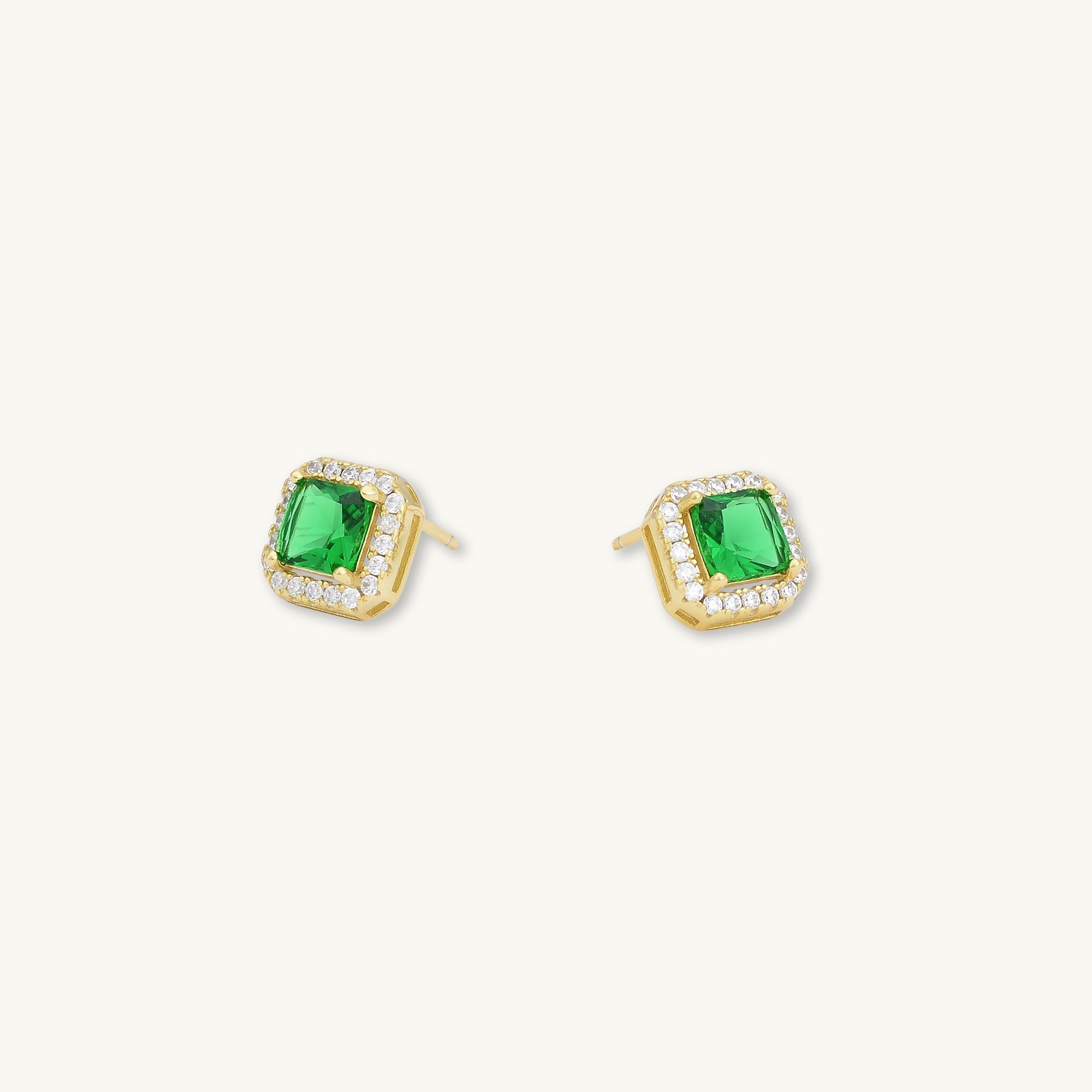 Emerald Square Pave Halo Stud Earrings - Camile & Stone