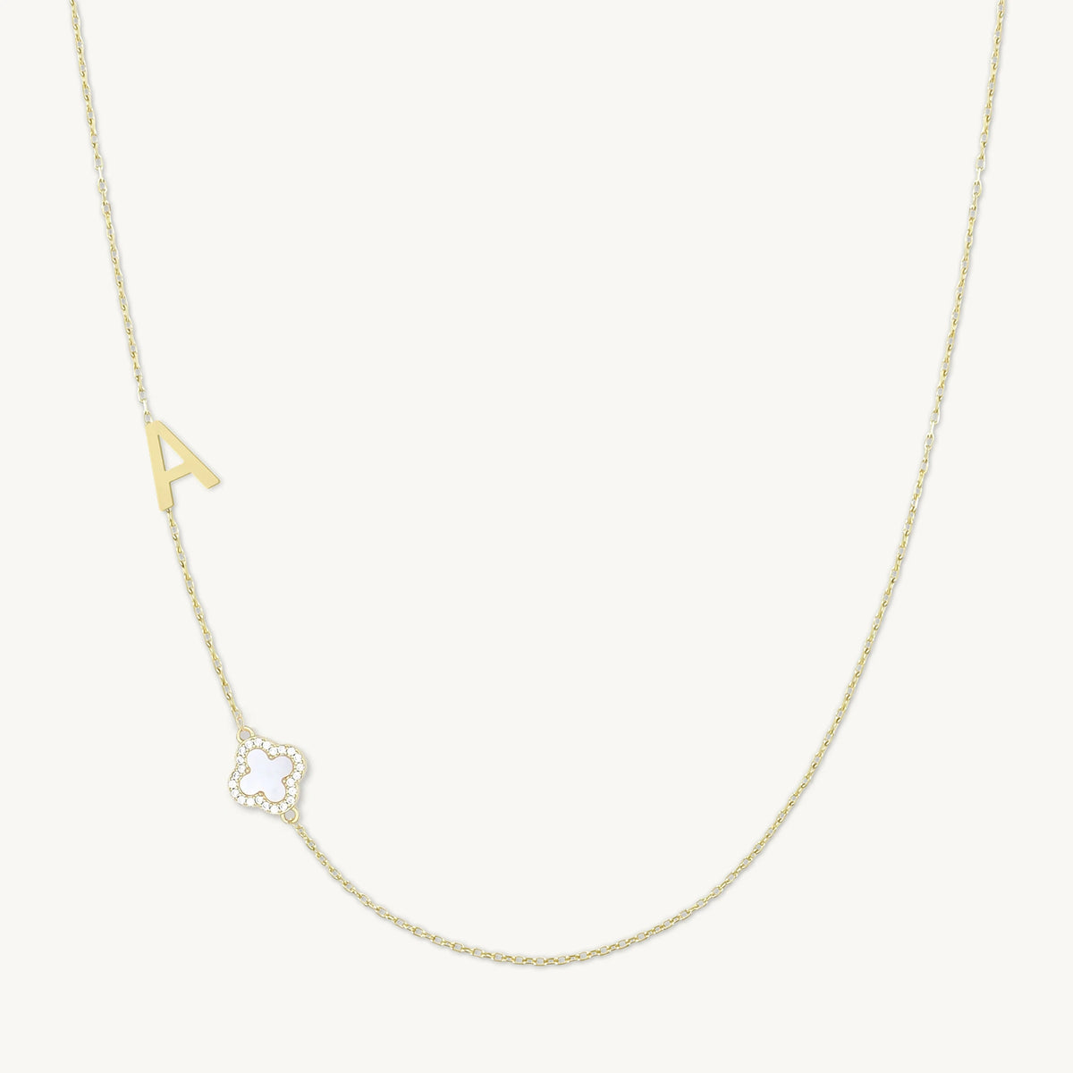 Sideways Single Initial Letter Clover MOP Necklace