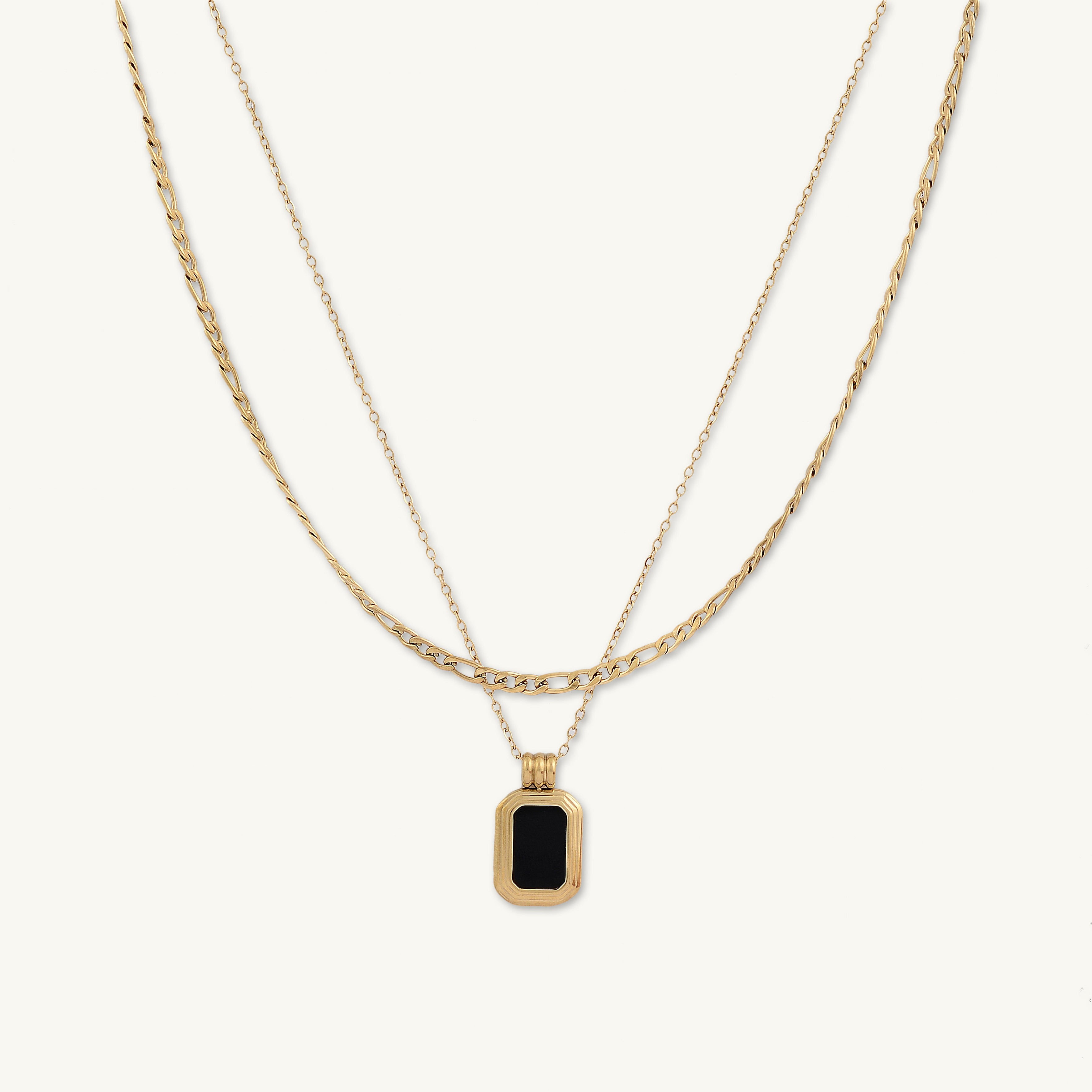 Obsidian Pendant Figaro Layered Necklace