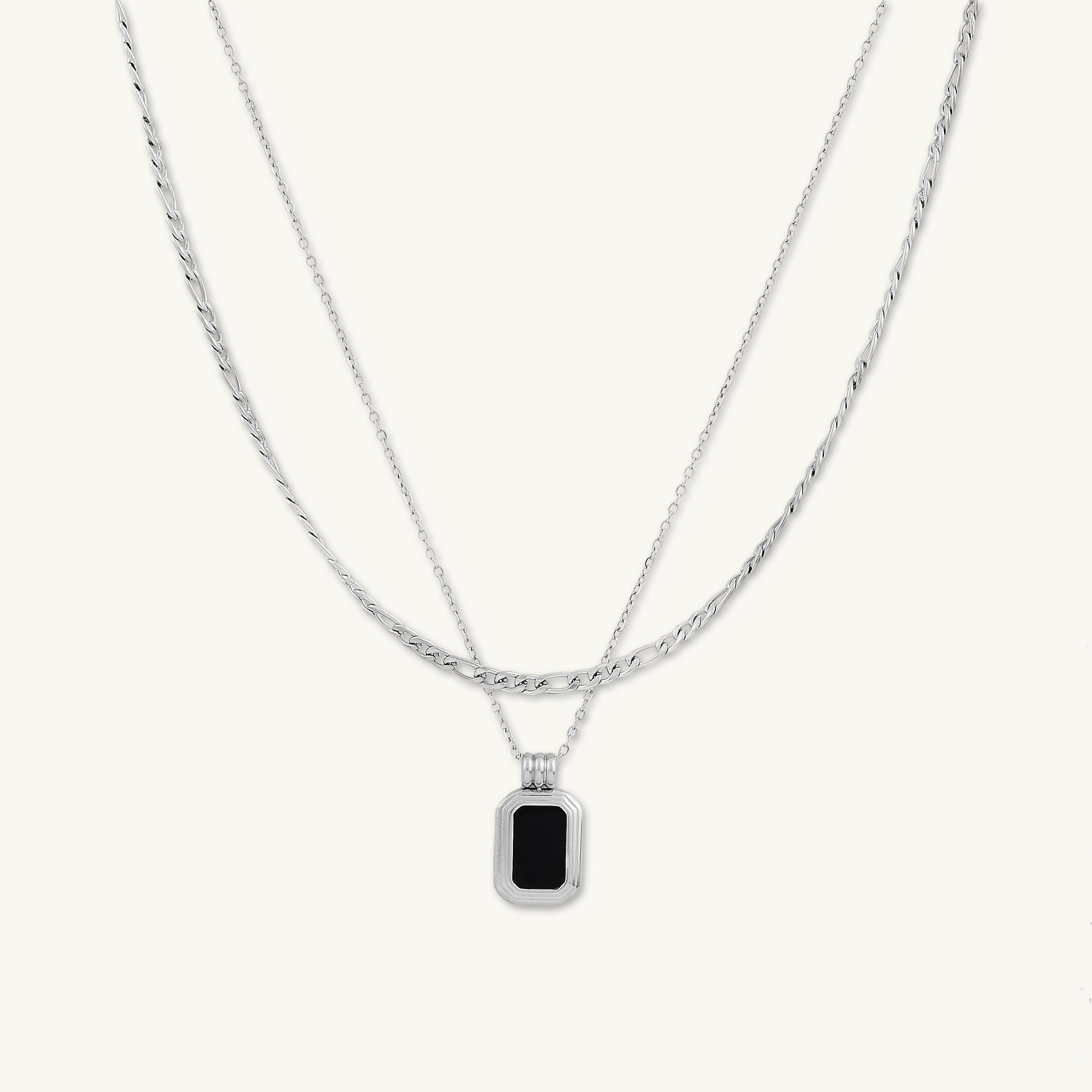 Obsidian Pendant Figaro Layered Necklace