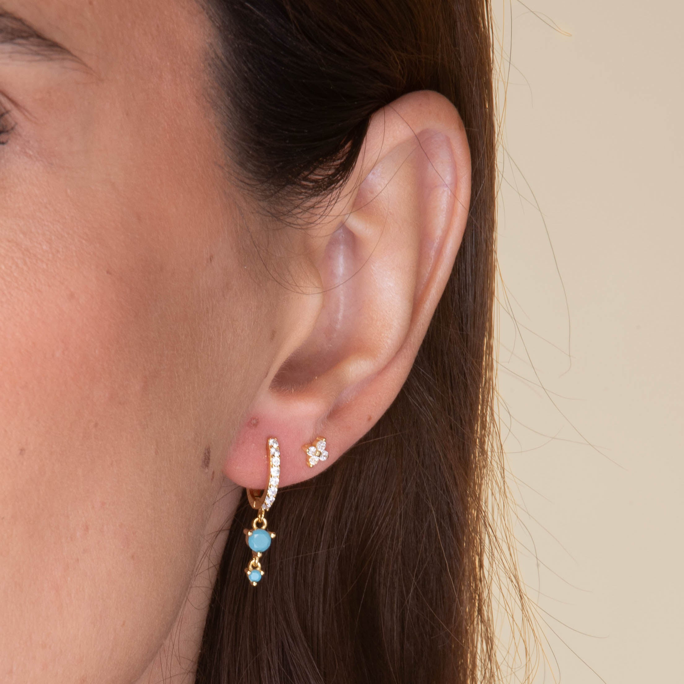 Turquoise Blue Sapphire Double Dangling Huggie Earrings