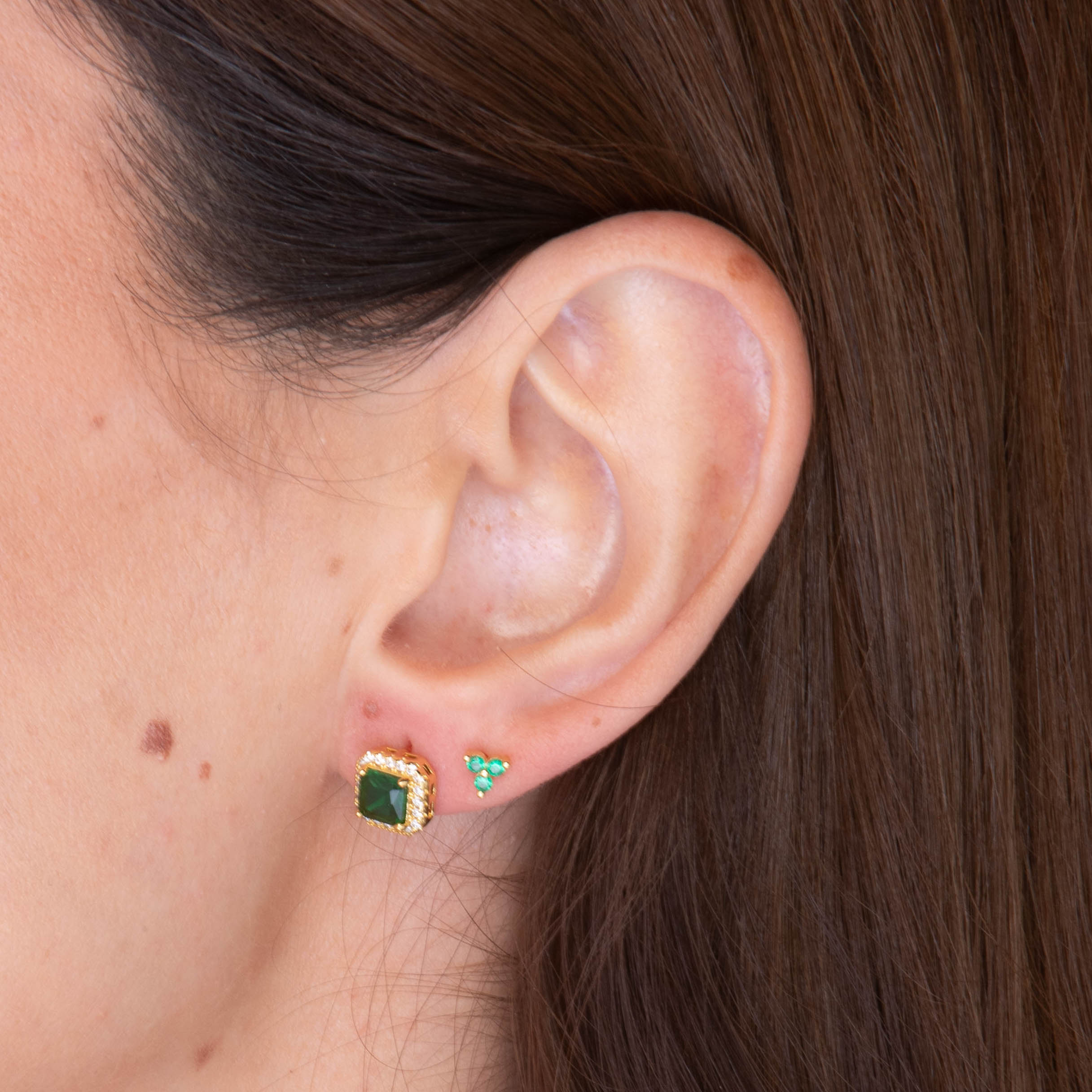 Emerald Square Pave Halo Stud Earrings