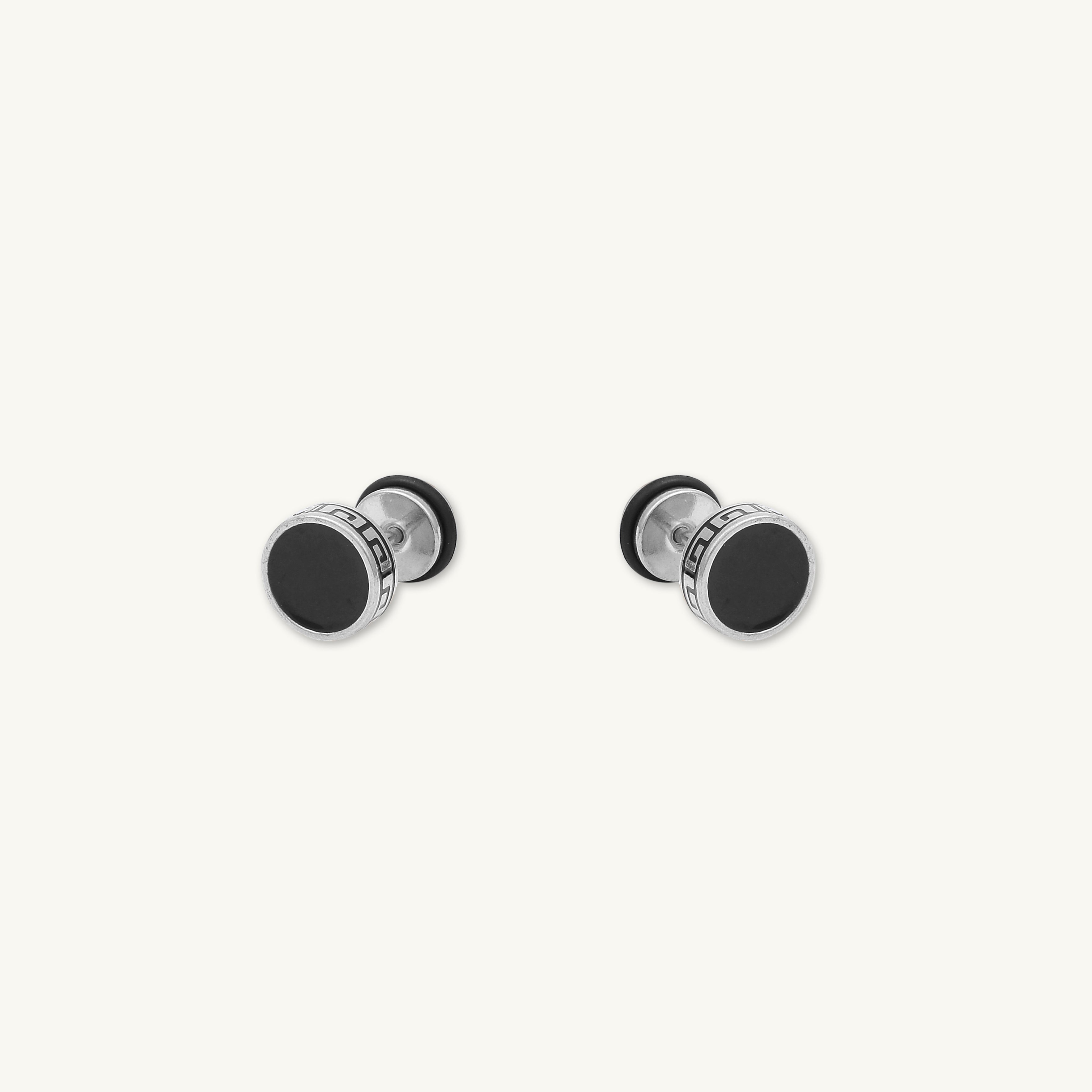 Unisex Circle Black Enamel Greek Stud Earrings