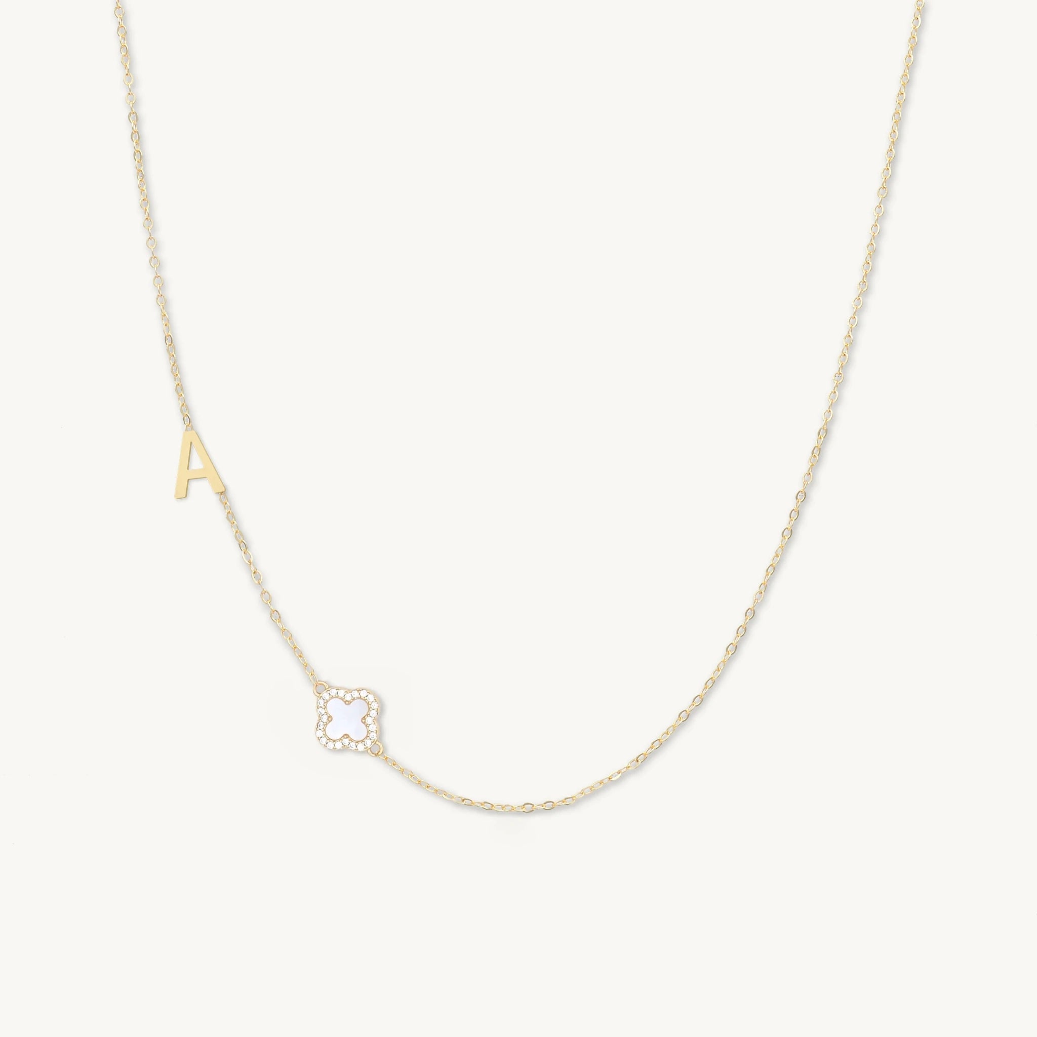 Sideways Single Initial Letter Clover MOP Necklace - Camile & Stone