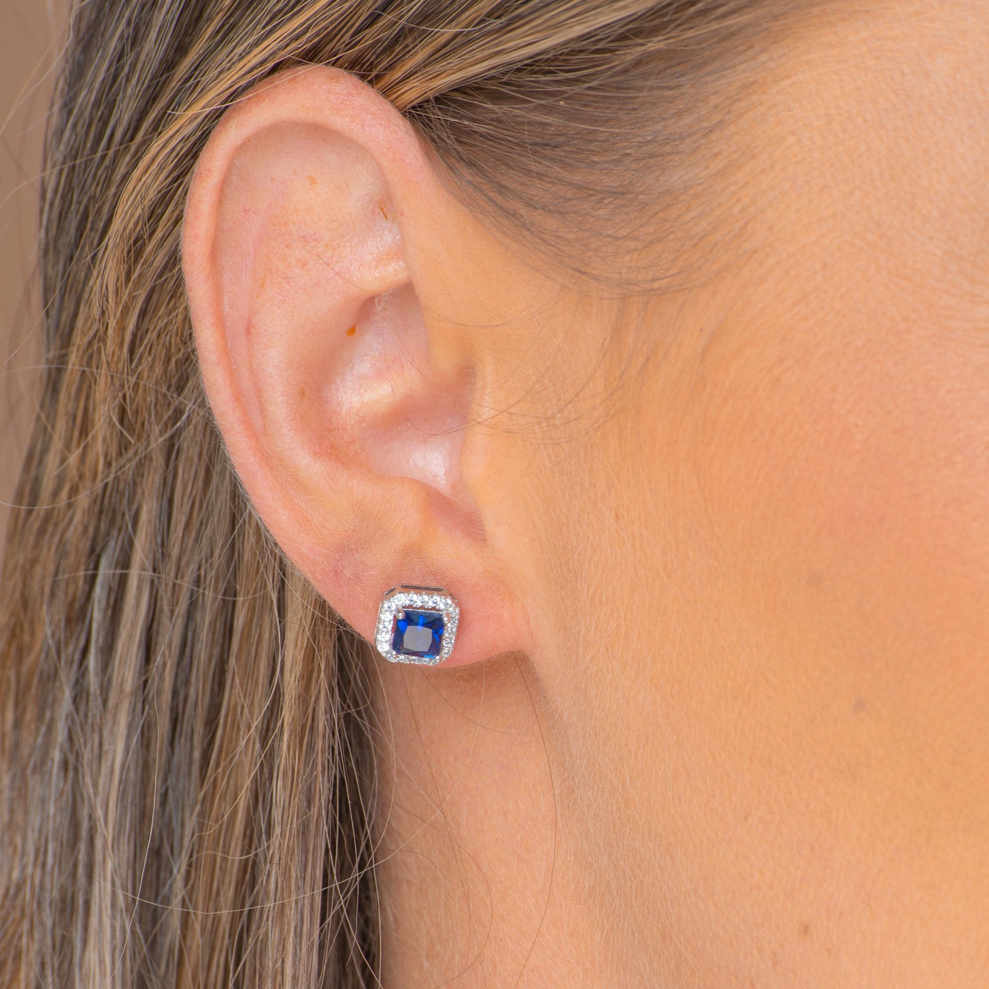 Blue Sapphire Square Pave Halo Stud Earrings