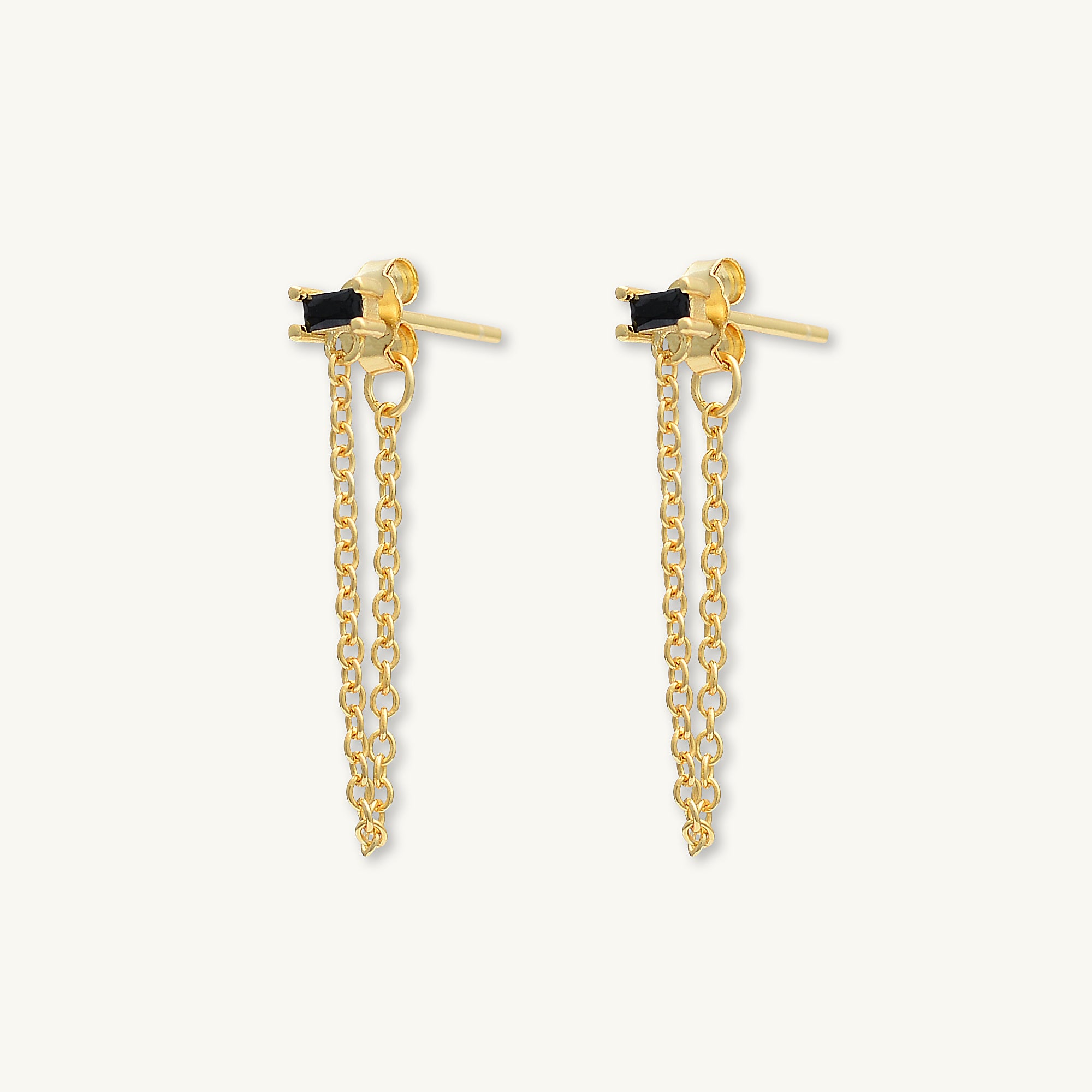 Black Baguette Chain Drop Stud Earrings