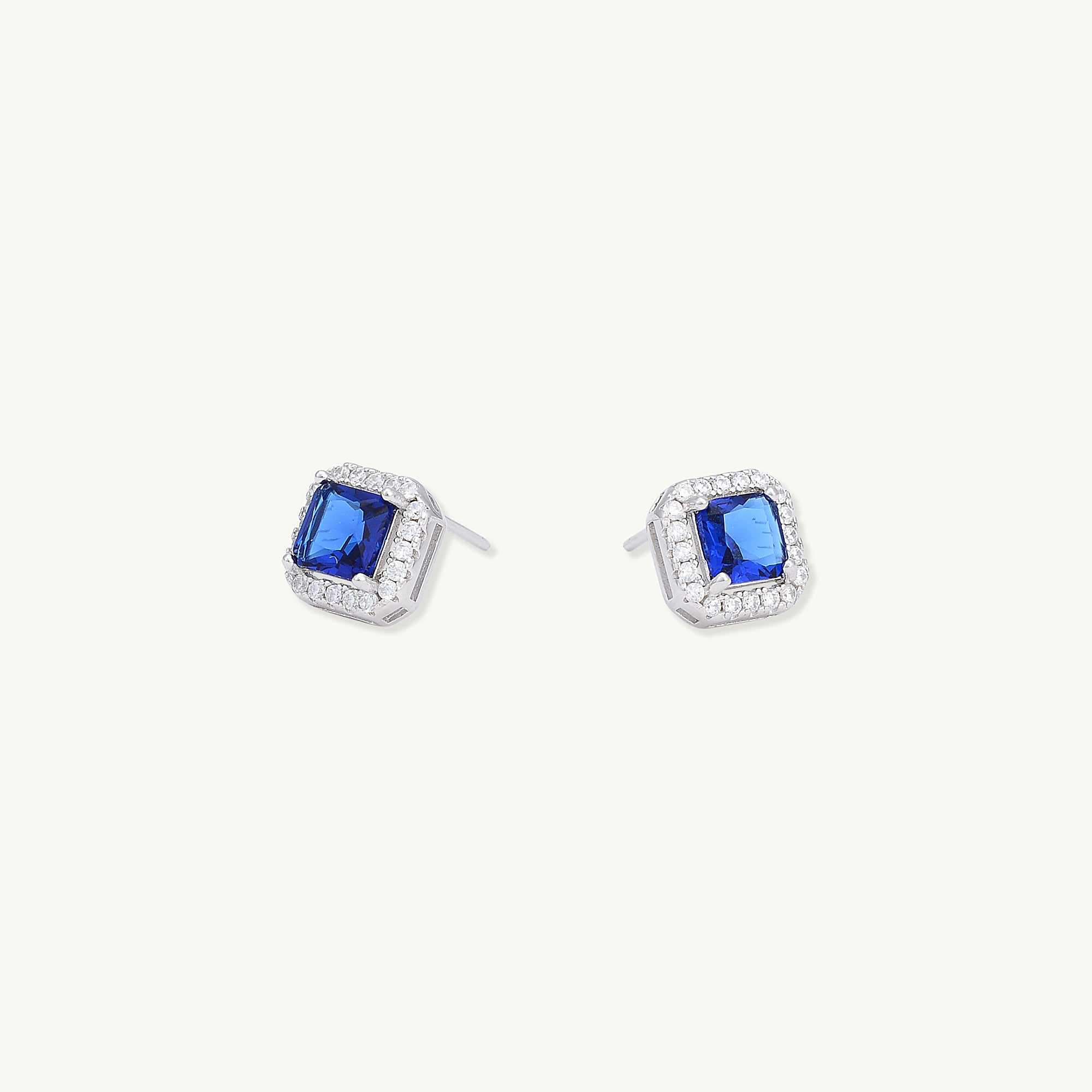 Blue Sapphire Square Pave Halo Stud Earrings