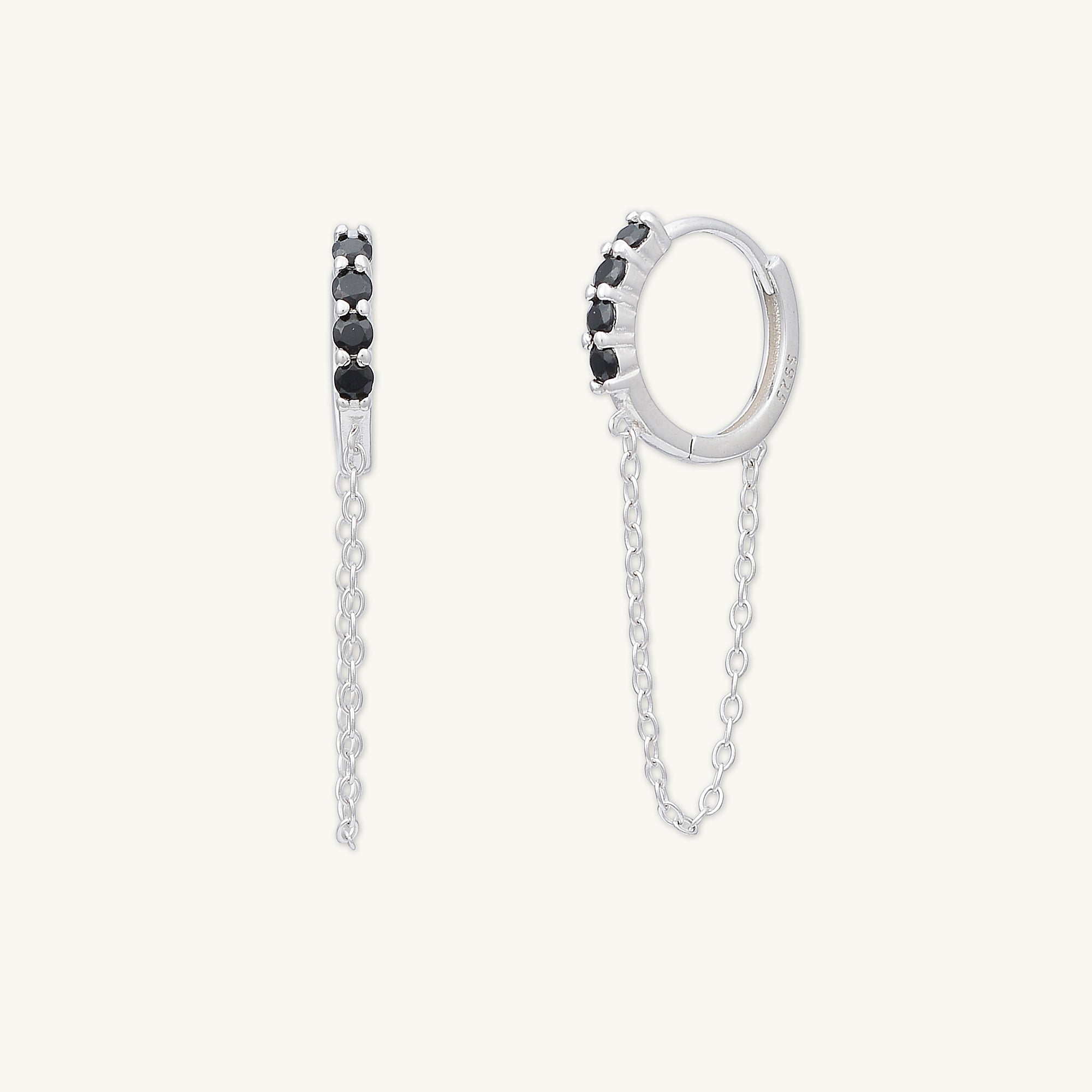 Black Sapphire Dangling Chain Huggie Earrings