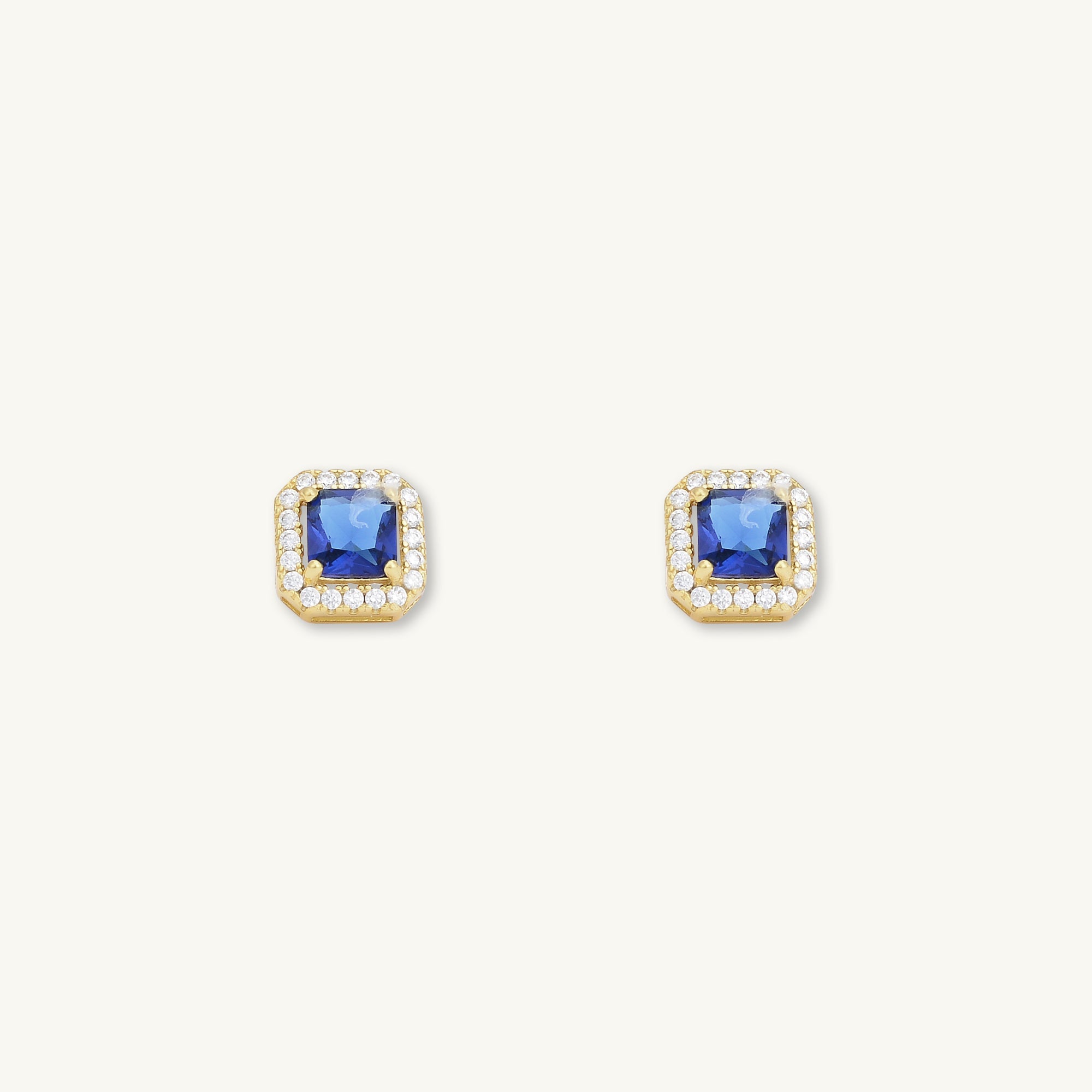 Blue Sapphire Square Pave Halo Stud Earrings - Camile & Stone